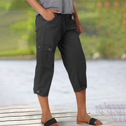 Multi-Pocket Solid Color Casual Cargo Capri Pants