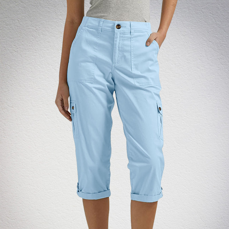 Multi-Pocket Solid Color Casual Cargo Capri Pants