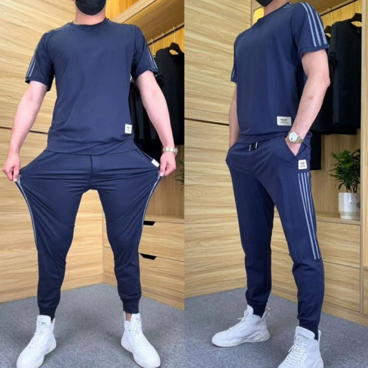 Men's High Stretch Short Sleeve Top & Jogging Pants 2-Piece Set